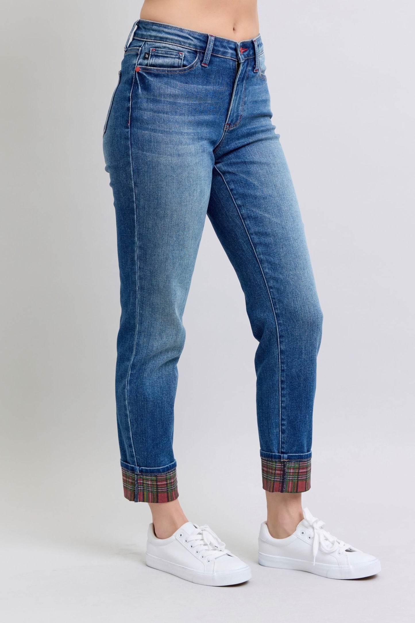 Judy Blue Mid Rise Plaid Print Cuff Boyfriend Jeans 88877
