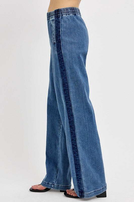 RISEN High Rise Elastic Waist Wide Leg Side Seam Detail Jeans