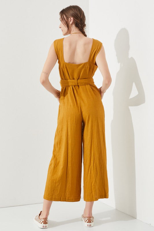 Jade By Jane Linen Blend Sleeveless Square Neck Button Down Ankle Jumpsuit