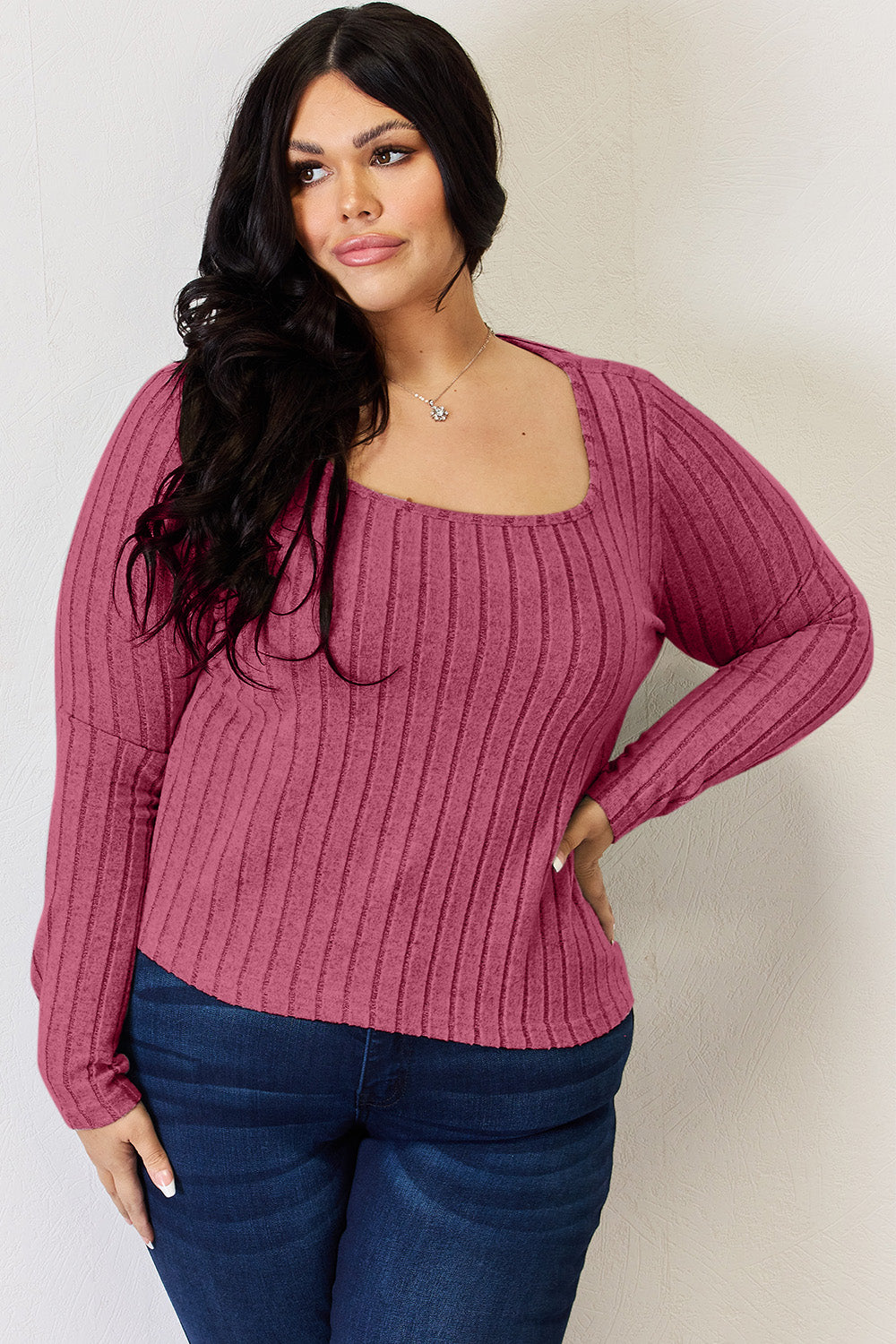 Basic Bae Full Size Scoop Neck Ribbed Long Sleeve Top