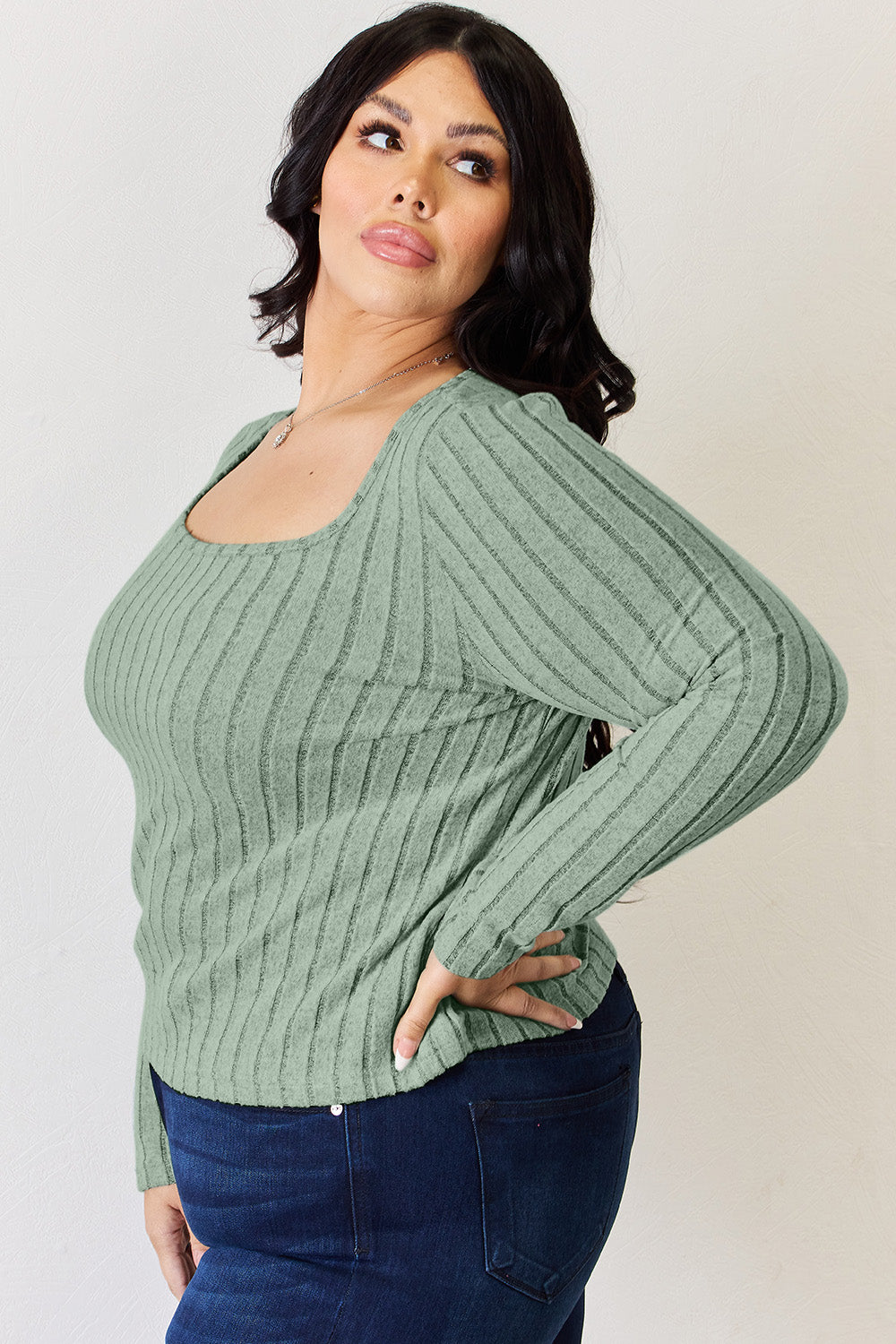 Basic Bae Full Size Scoop Neck Ribbed Long Sleeve Top