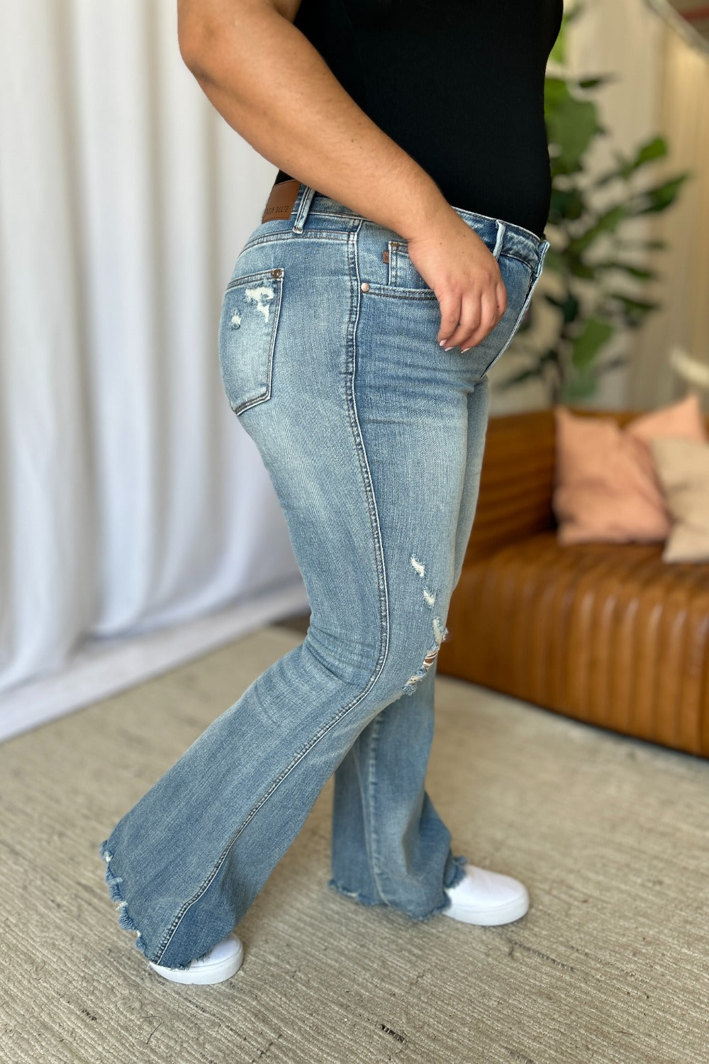Judy Blue Mid Rise Tummy Control Distressed Flare Leg Jeans #88594