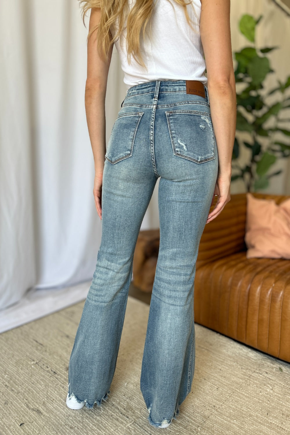 Judy Blue Mid Rise Tummy Control Distressed Flare Leg Jeans #88594