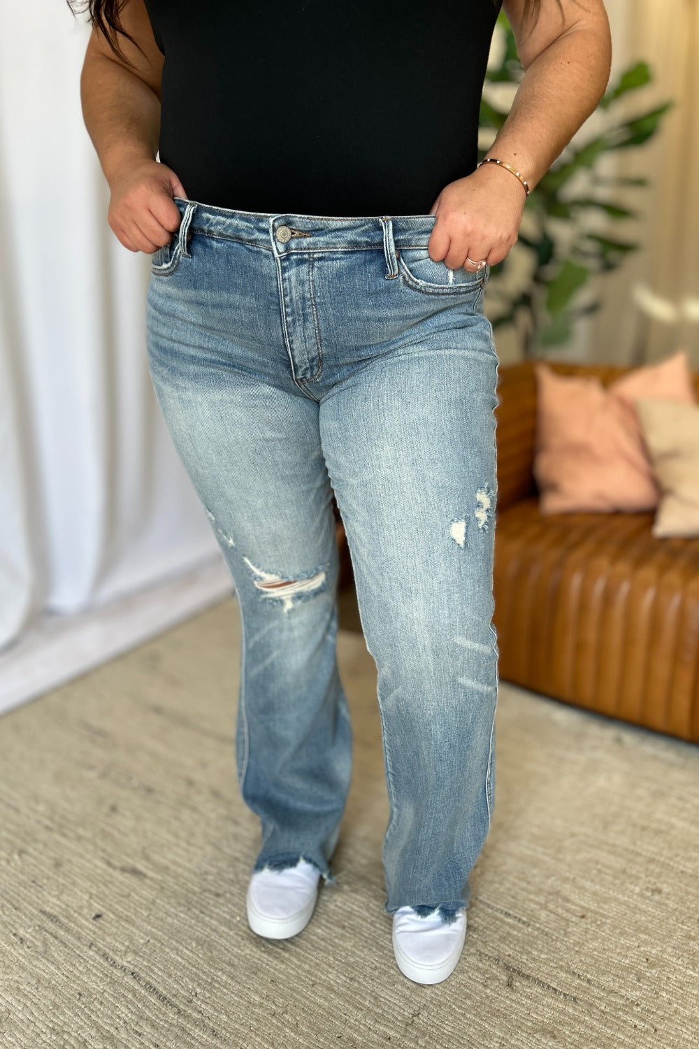 Judy Blue Mid Rise Tummy Control Distressed Flare Leg Jeans #88594