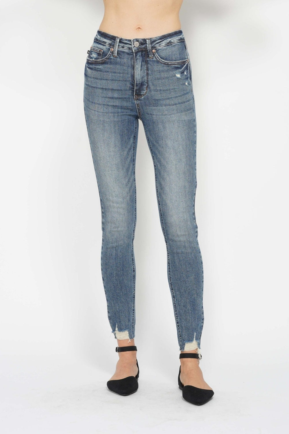 Judy Blue High Waist Tummy Control Vintage Wash Hem Destroy Skinny Jeans #88769