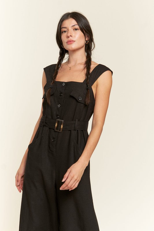 Jade By Jane Linen Blend Sleeveless Square Neck Button Down Ankle Jumpsuit