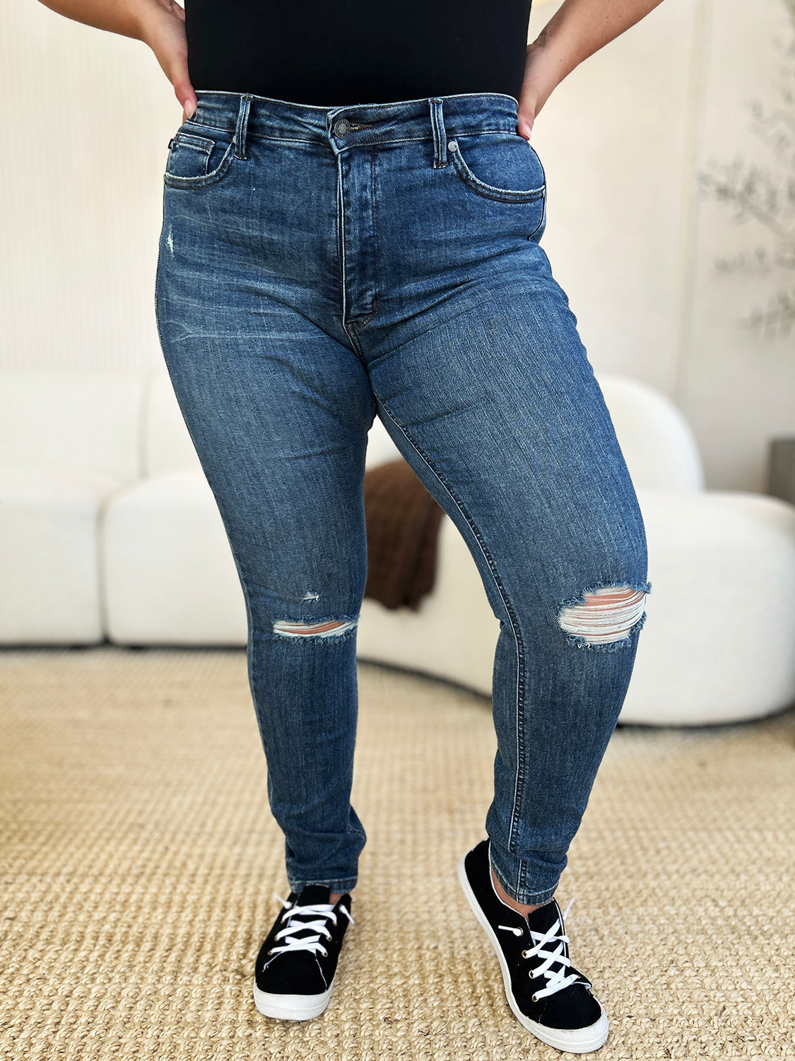 Judy Blue Mid Rise Tummy Control Distressed Skinny Jeans #88798