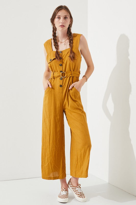 Jade By Jane Linen Blend Sleeveless Square Neck Button Down Ankle Jumpsuit