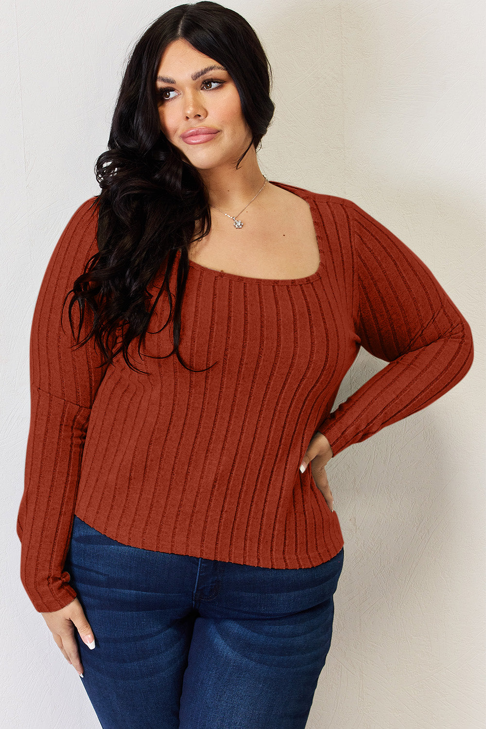 Basic Bae Full Size Scoop Neck Ribbed Long Sleeve Top