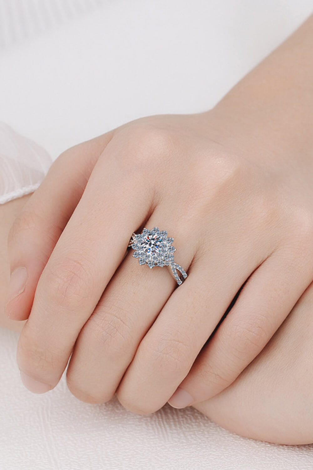 Stunning 925 Sterling Silver .5 Carat Moissanite Flower Shape Split Shank Ring