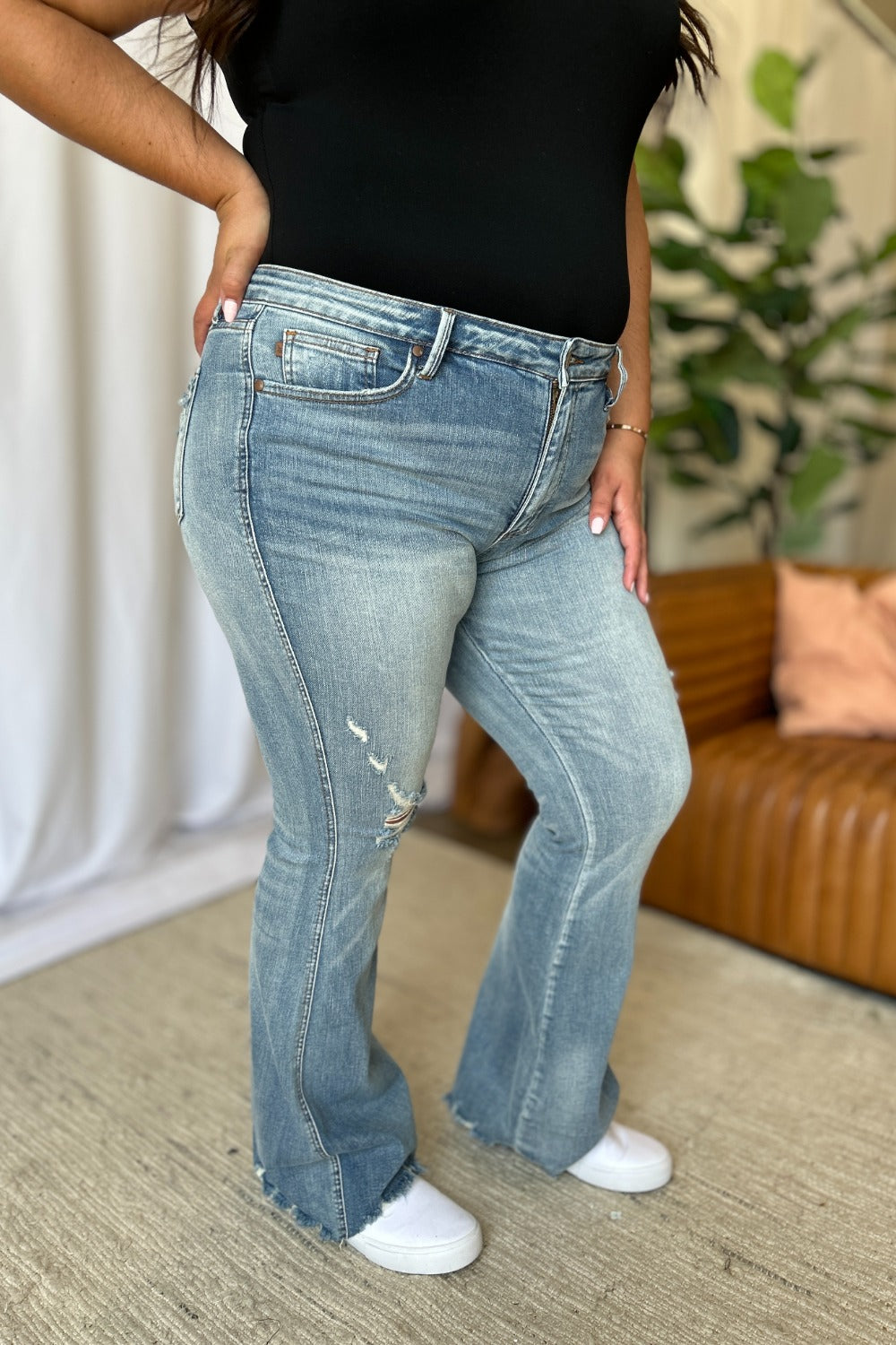 Judy Blue Mid Rise Tummy Control Distressed Flare Leg Jeans #88594