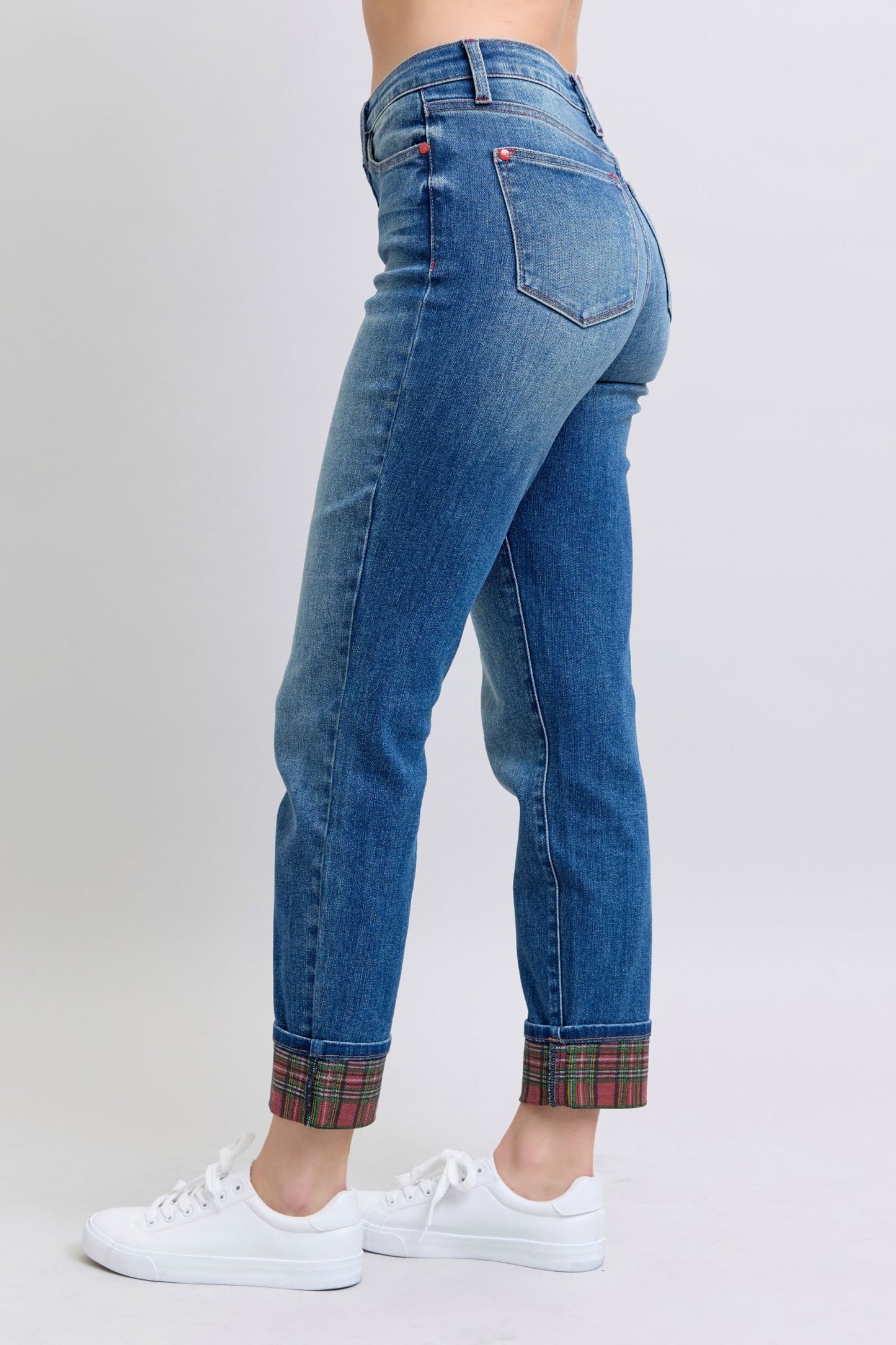 Judy Blue Mid Rise Plaid Print Cuff Boyfriend Jeans 88877