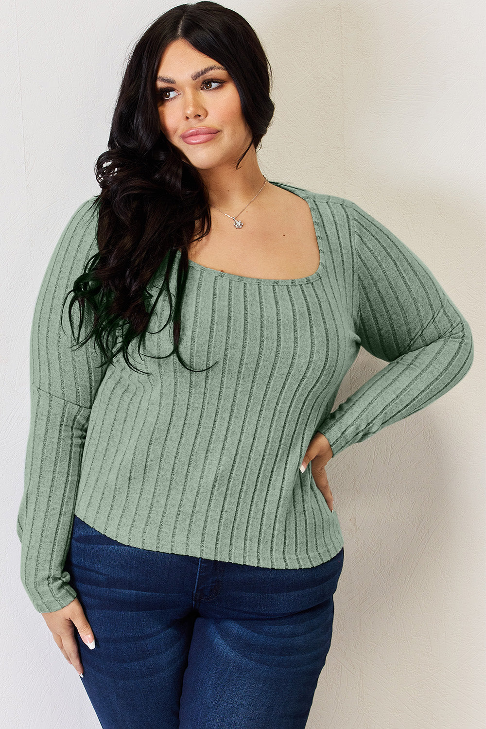 Basic Bae Full Size Scoop Neck Ribbed Long Sleeve Top