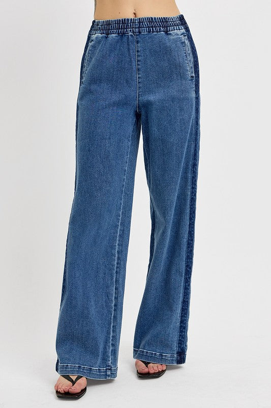 RISEN High Rise Elastic Waist Wide Leg Side Seam Detail Jeans
