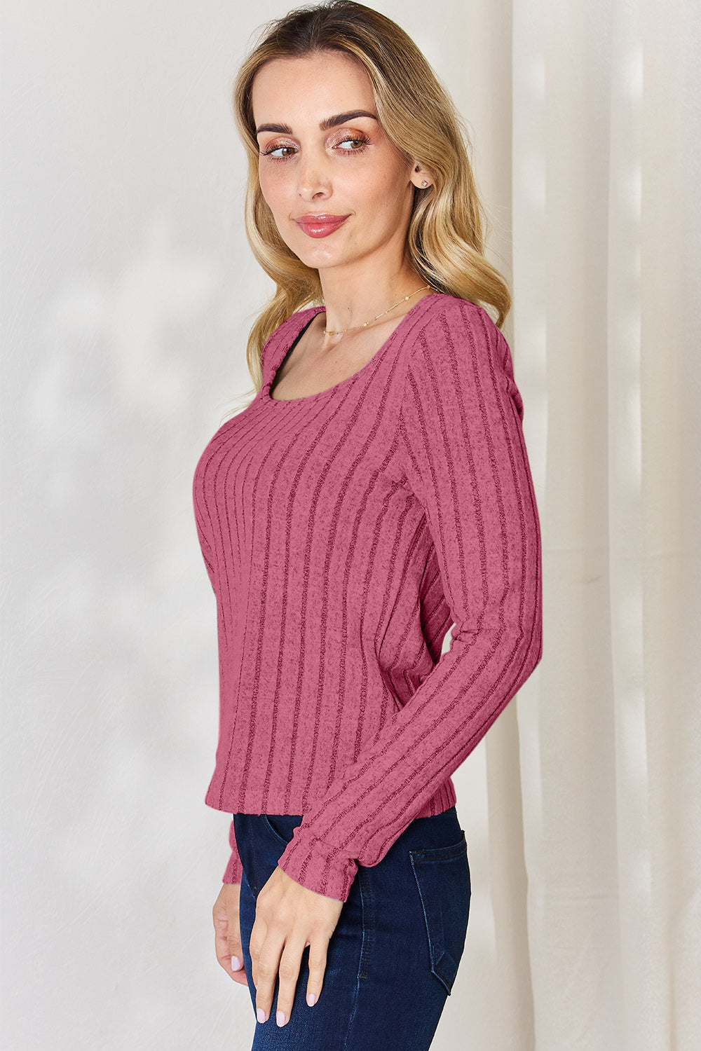 Basic Bae Full Size Scoop Neck Ribbed Long Sleeve Top