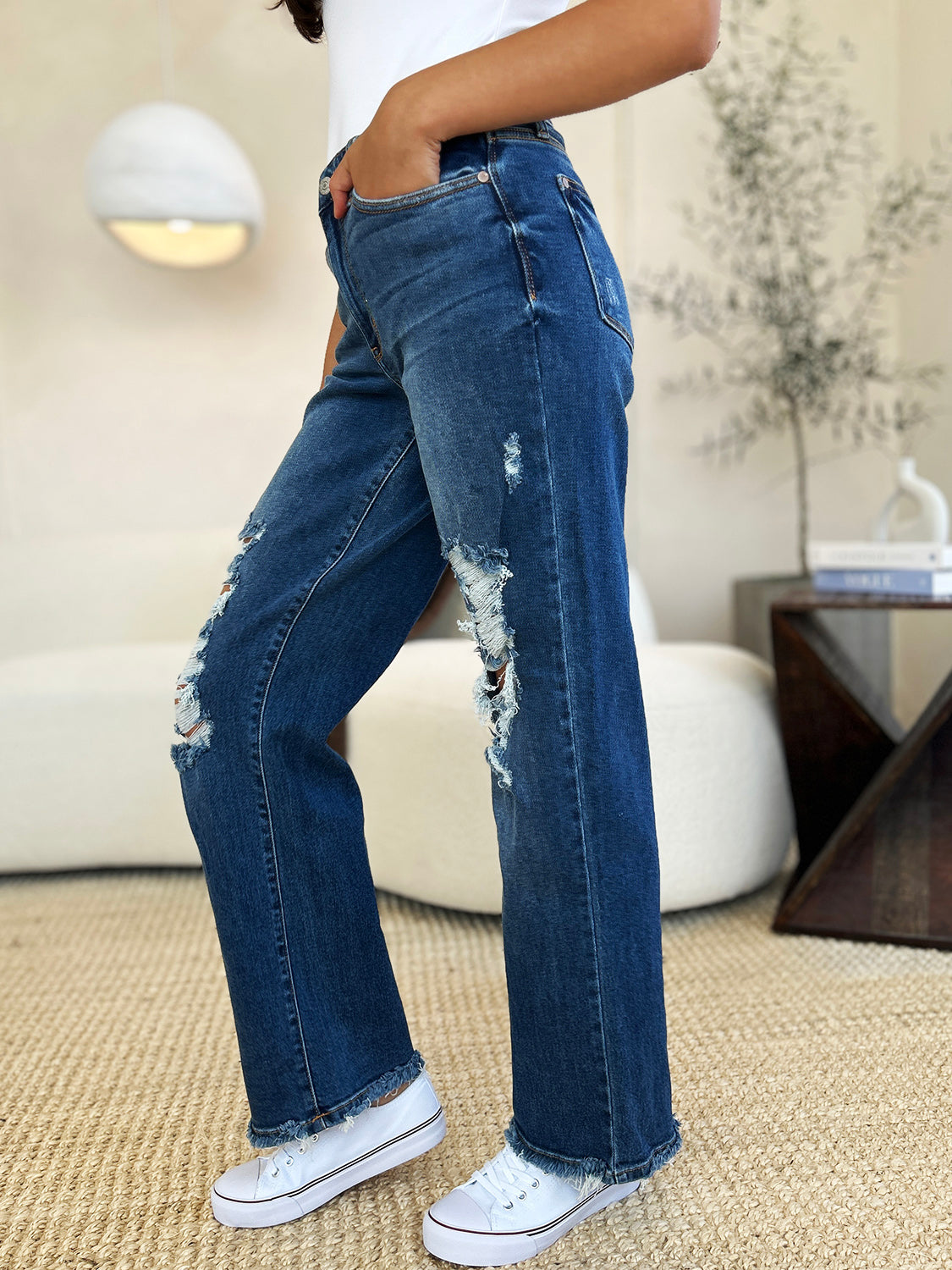 Judy Blue Mid Rise Distressed Raw Hem Dad Jeans #82605