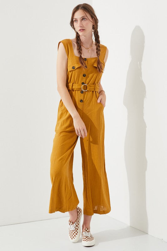 Jade By Jane Linen Blend Sleeveless Square Neck Button Down Ankle Jumpsuit