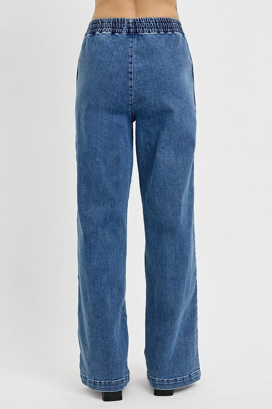 RISEN High Rise Elastic Waist Wide Leg Side Seam Detail Jeans