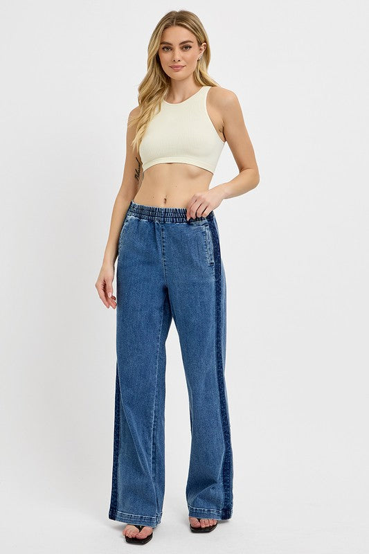 RISEN High Rise Elastic Waist Wide Leg Side Seam Detail Jeans