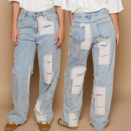 POL Contrast Patched Raw Hem Straight Jeans
