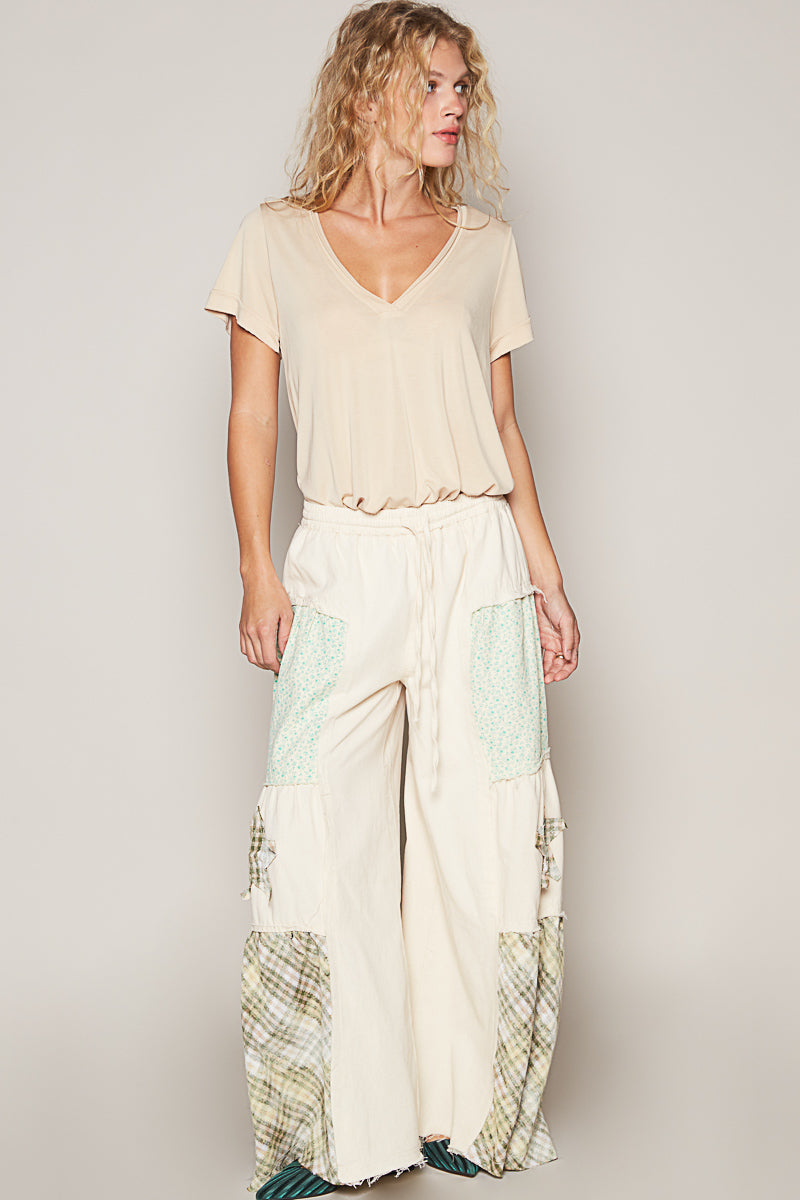POL Drawstring Star Patch Contrast Wide Leg Pants