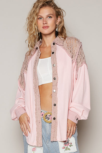 POL Lace Patchwork Long Sleeve Button Up Shirt