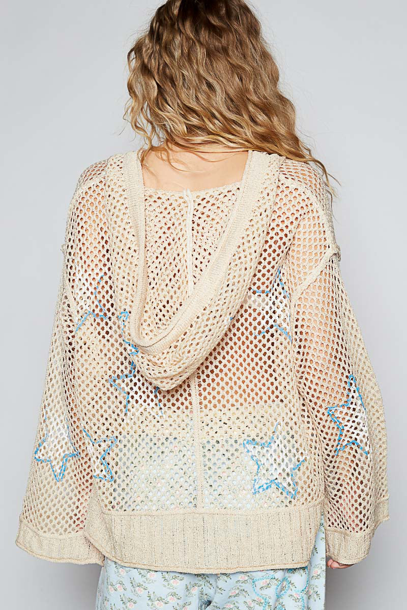 POL Star Openwork Long Sleeve Hooded Knit Cover Up