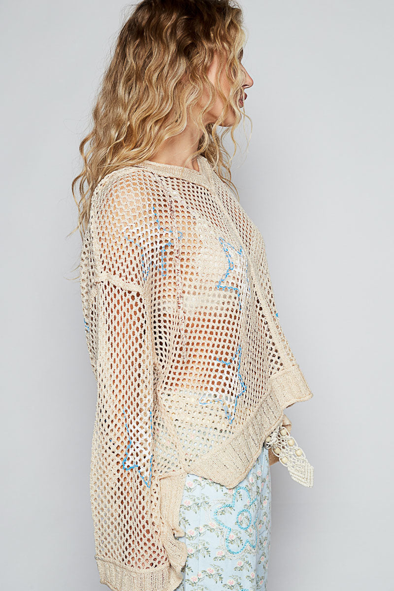 POL Star Openwork Long Sleeve Hooded Knit Cover Up
