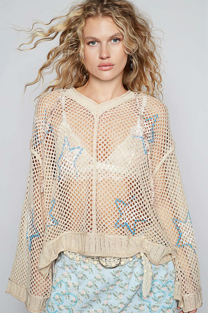 POL Star Openwork Long Sleeve Hooded Knit Cover Up