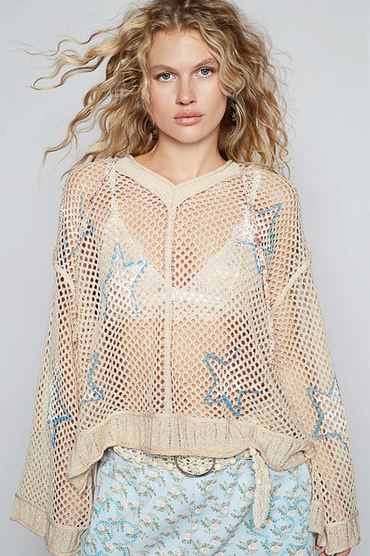 POL Star Openwork Long Sleeve Hooded Knit Cover Up
