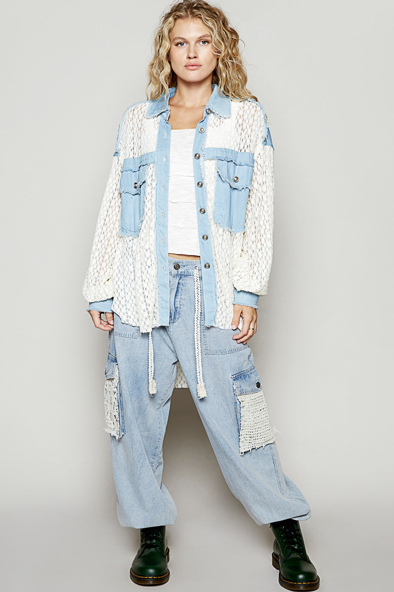 POL High-Low Denim Patchwork Lace Shirt