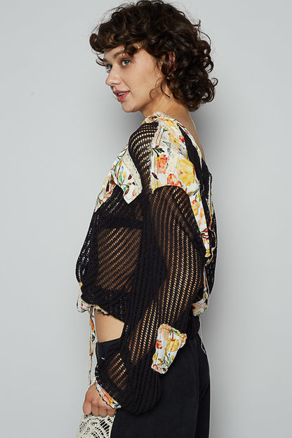 POL Vintage Washed Crochet Hoodie Top With Patchwork