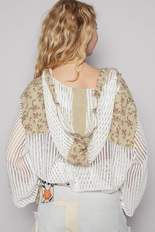 POL Vintage Washed Crochet Hoodie Top With Patchwork