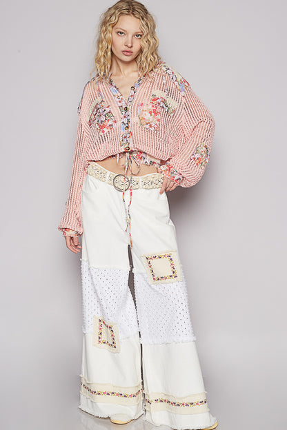 POL Vintage Washed Crochet Hoodie Top With Patchwork