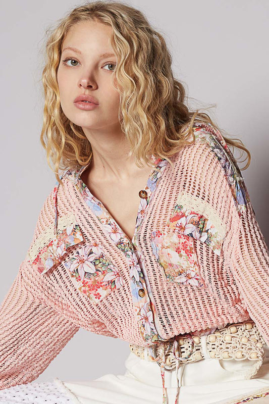 POL Vintage Washed Crochet Hoodie Top With Patchwork