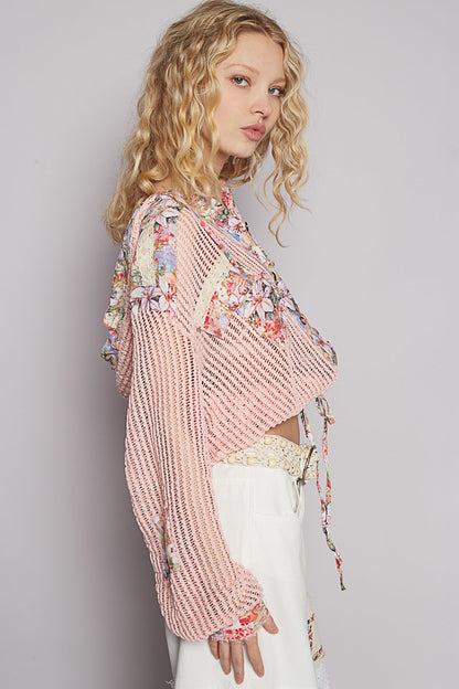 POL Vintage Washed Crochet Hoodie Top With Patchwork