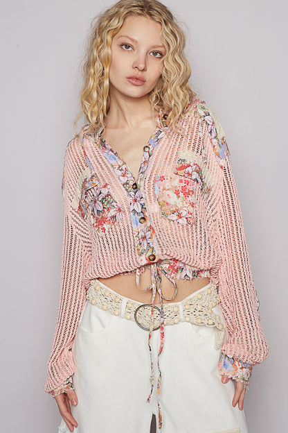 POL Vintage Washed Crochet Hoodie Top With Patchwork