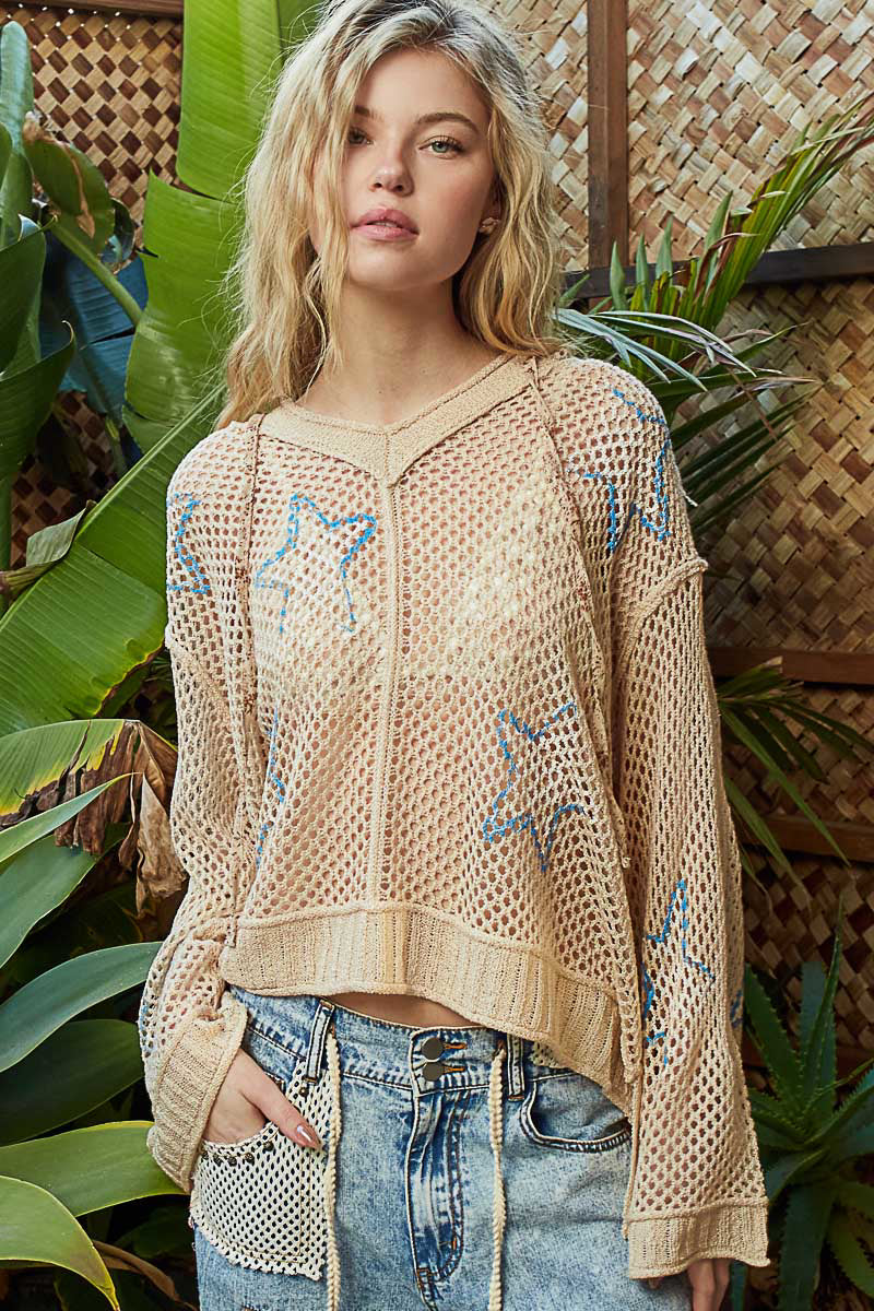 POL Star Openwork Long Sleeve Hooded Knit Cover Up