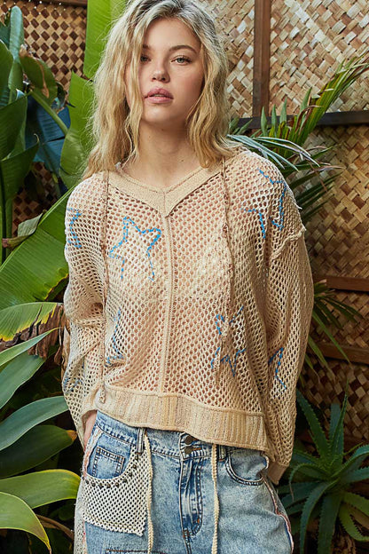 POL Star Openwork Long Sleeve Hooded Knit Cover Up