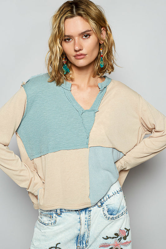 POL Color Block Notched Long Sleeve T-Shirt