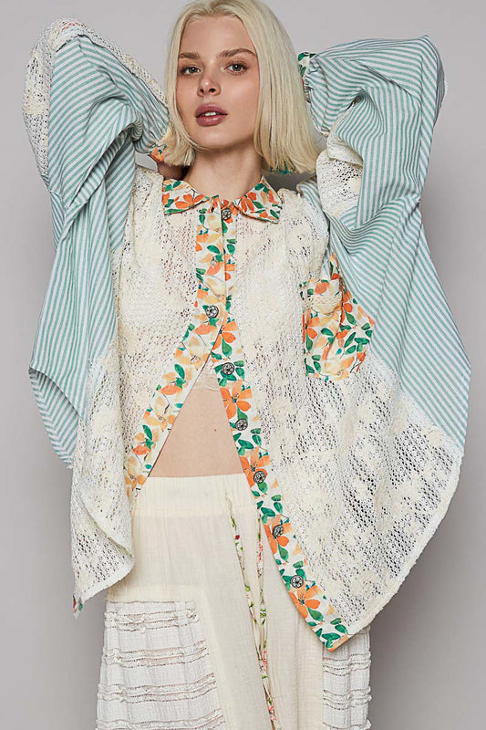 POL Lace Long Sleeve Shirt with Floral and Striped Pattern