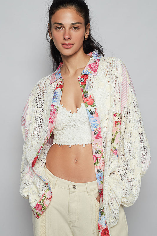 POL Lace Long Sleeve Shirt with Floral and Striped Pattern