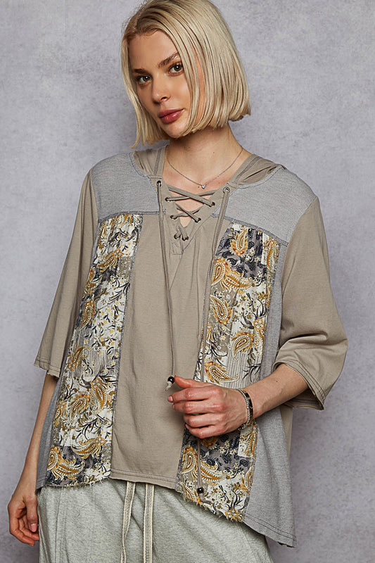 POL Lace-Up Hooded T-Shirt with Paisley Panel Detail