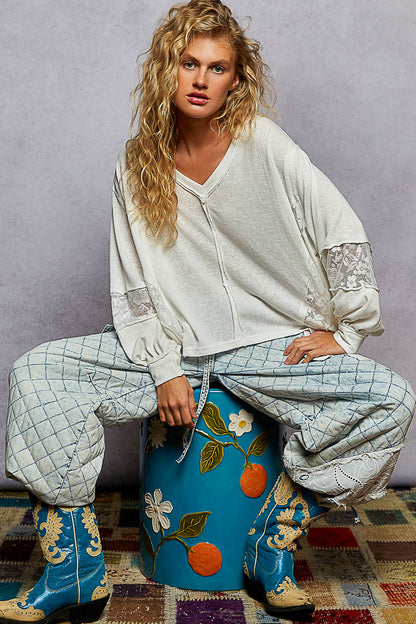 POL V-Neck Long Sleeve T-Shirt with Lace Detail