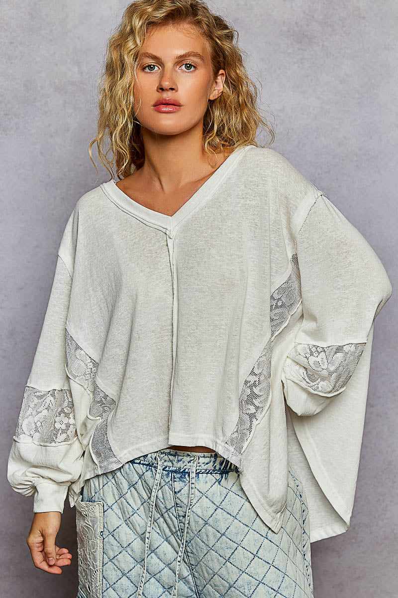 POL V-Neck Long Sleeve T-Shirt with Lace Detail