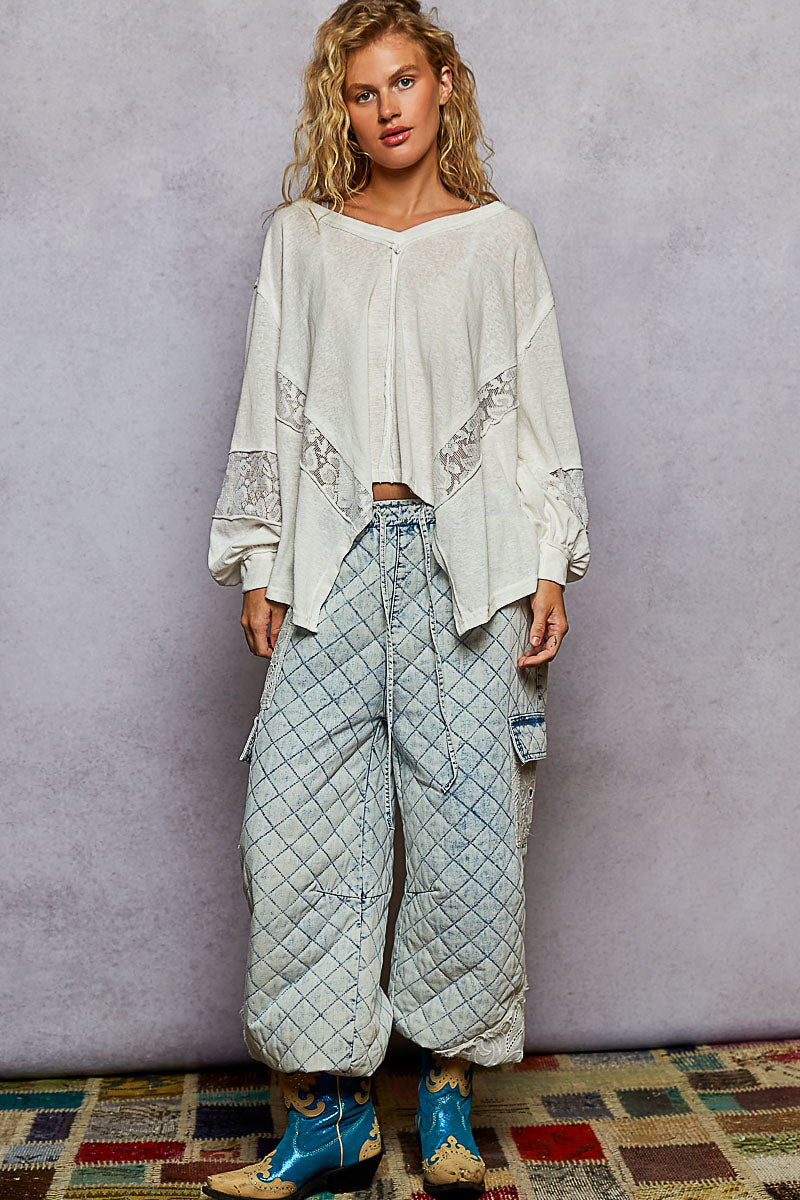 POL V-Neck Long Sleeve T-Shirt with Lace Detail