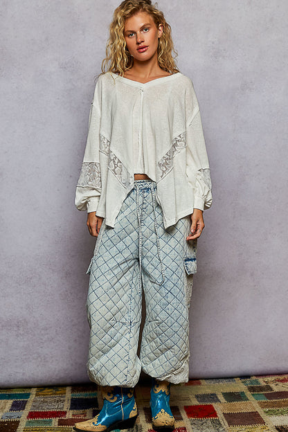 POL V-Neck Long Sleeve T-Shirt with Lace Detail