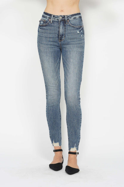 Judy Blue High Waist Tummy Control Vintage Wash Hem Destroy Skinny Jeans #88769