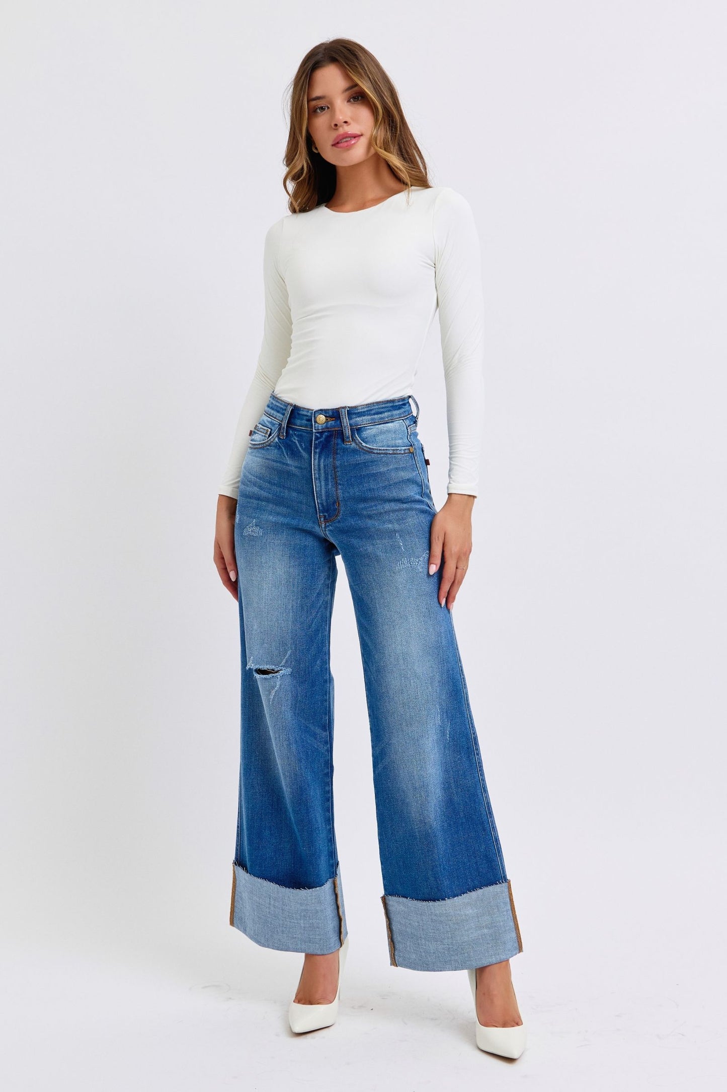 Judy Blue High Waist Medium Wash Retro Wide Leg w/ Cuff Jeans #82636