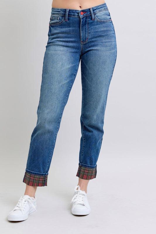 Judy Blue Mid Rise Plaid Print Cuff Boyfriend Jeans 88877